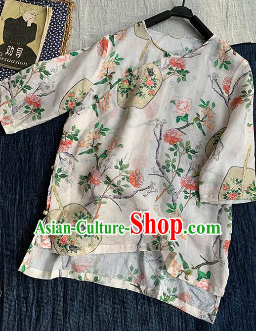 Chinese Traditional Tang Suit Printing Fan White Ramie Blouse National Upper Outer Garment Costume for Women