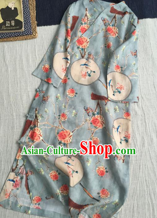 Chinese Traditional Tang Suit Printing Peony Light Blue Ramie Cheongsam National Costume Qipao Dress for Women