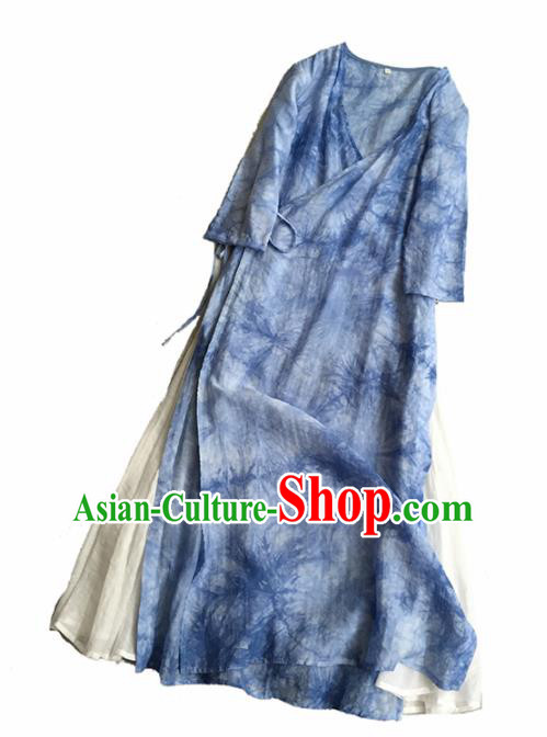 Chinese Traditional Tang Suit Blue Ramie Cheongsam National Costume Qipao Dress for Women