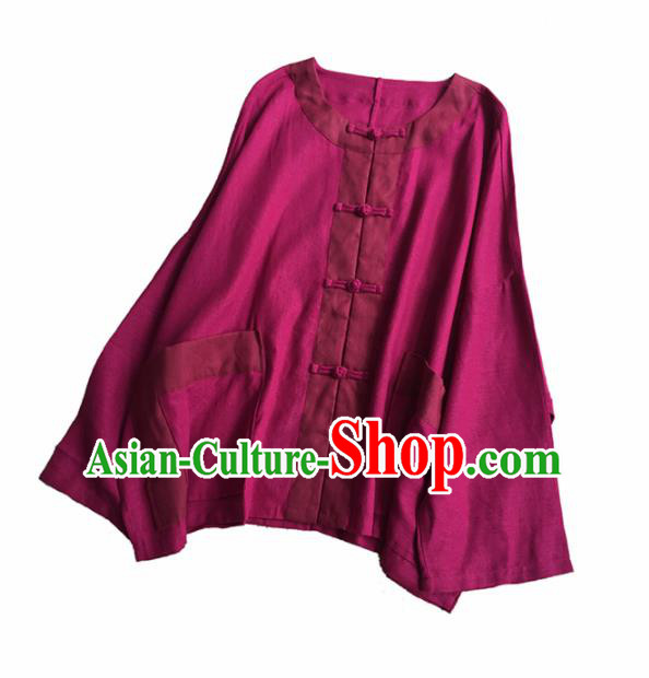 Chinese Traditional Tang Suit Wine Red Flax Blouse National Upper Outer Garment Costume for Women