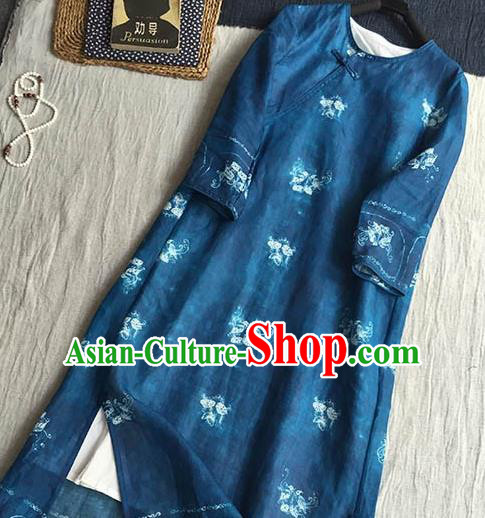 Chinese Traditional Tang Suit Printing Petunia Royalblue Ramie Cheongsam National Costume Qipao Dress for Women