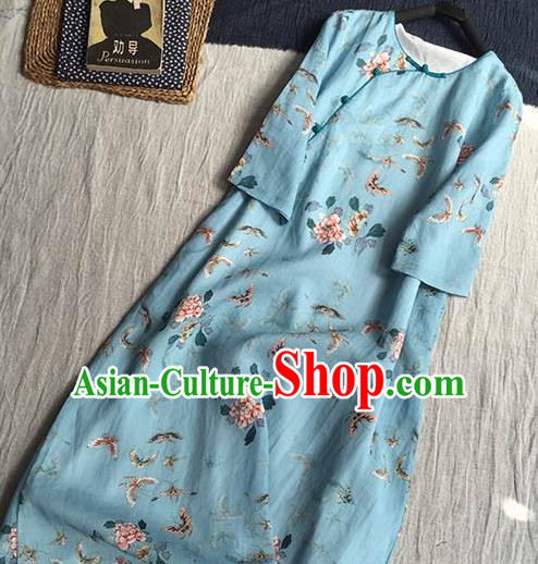 Chinese Traditional Tang Suit Printing Butterfly Peony Blue Ramie Cheongsam National Costume Qipao Dress for Women