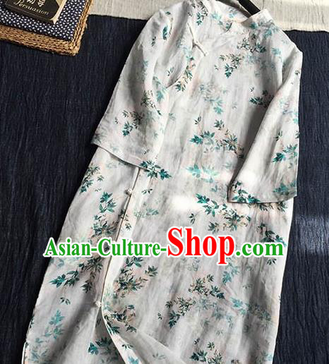 Chinese Traditional Tang Suit Printing Ramie Cheongsam National Costume Qipao Dress for Women