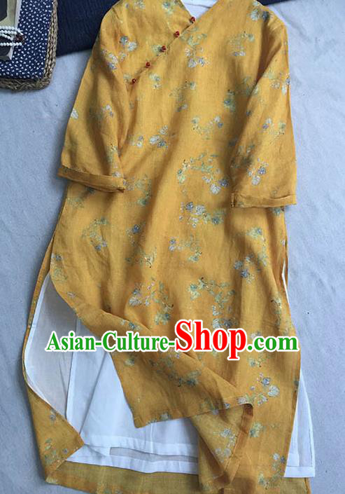 Chinese Traditional Tang Suit Printing Leaf Yellow Ramie Cheongsam National Costume Qipao Dress for Women