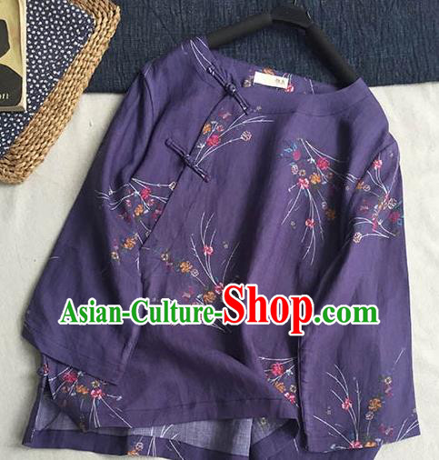 Chinese Traditional Tang Suit Printing Purple Ramie Blouse National Upper Outer Garment Costume for Women