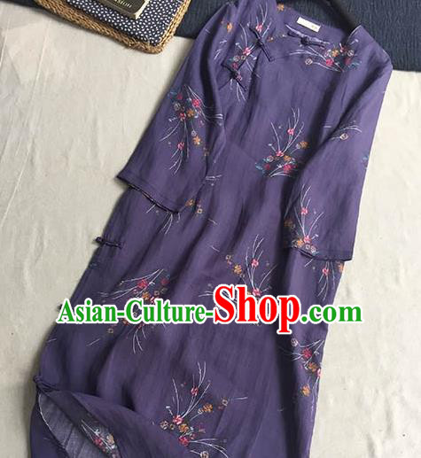 Chinese Traditional Tang Suit Printing Purple Ramie Cheongsam National Costume Qipao Dress for Women