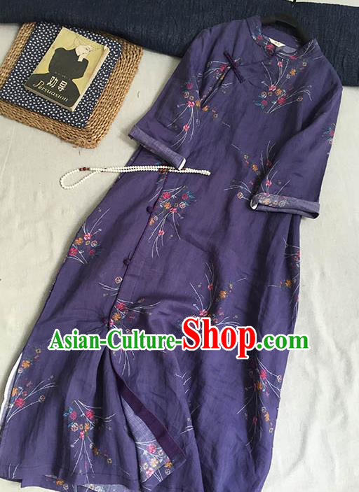 Chinese Traditional Tang Suit Printing Orchid Purple Ramie Cheongsam National Costume Qipao Dress for Women