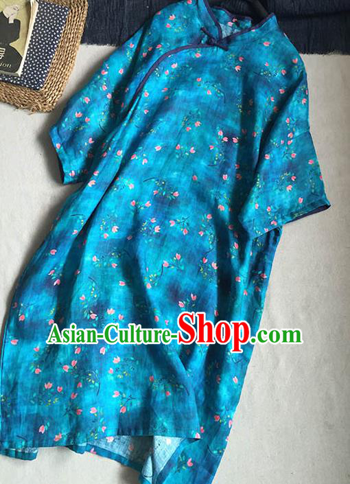 Chinese Traditional Tang Suit Printing Blue Ramie Cheongsam National Costume Qipao Dress for Women