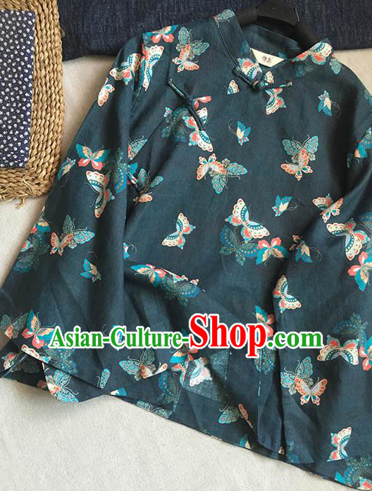 Chinese Traditional Tang Suit Printing Butterfly Atrovirens Ramie Blouse National Upper Outer Garment Costume for Women