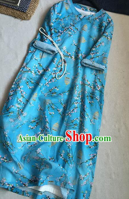 Chinese Traditional Tang Suit Printing Plum Blue Ramie Cheongsam National Costume Qipao Dress for Women