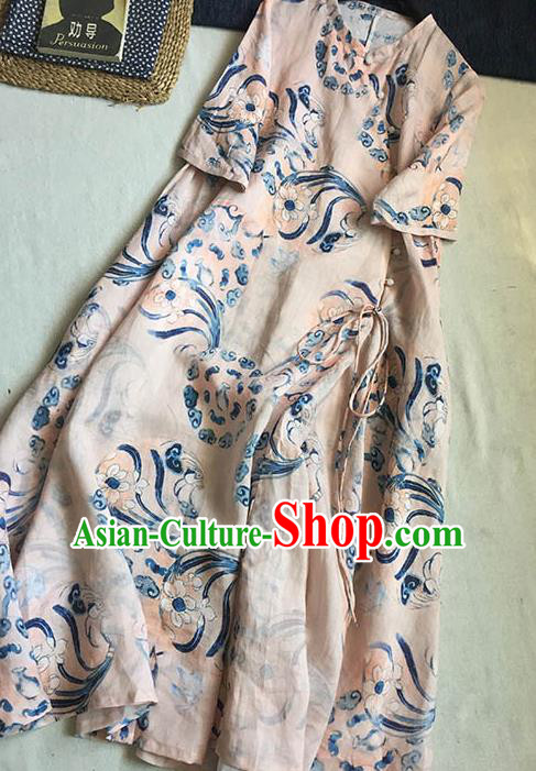 Chinese Traditional Tang Suit Printing Orchid Light Pink Ramie Cheongsam National Costume Qipao Dress for Women