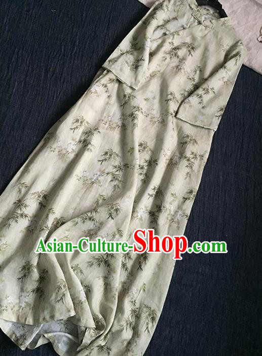 Chinese Traditional Tang Suit Printing Bamboo Beige Ramie Cheongsam National Costume Qipao Dress for Women
