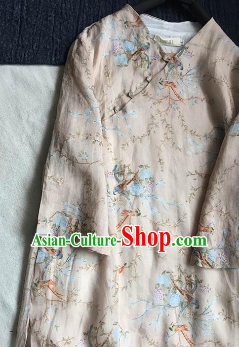 Chinese Traditional Tang Suit Printing Flower Birds Beige Ramie Cheongsam National Costume Qipao Dress for Women