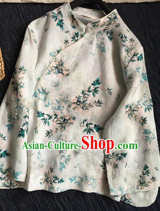 Chinese Traditional Tang Suit Printing Leaf White Ramie Blouse National Upper Outer Garment Costume for Women