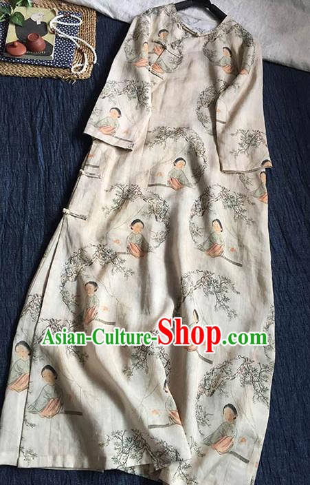 Chinese Traditional Tang Suit Printing Beauty Apricot Ramie Cheongsam National Costume Qipao Dress for Women