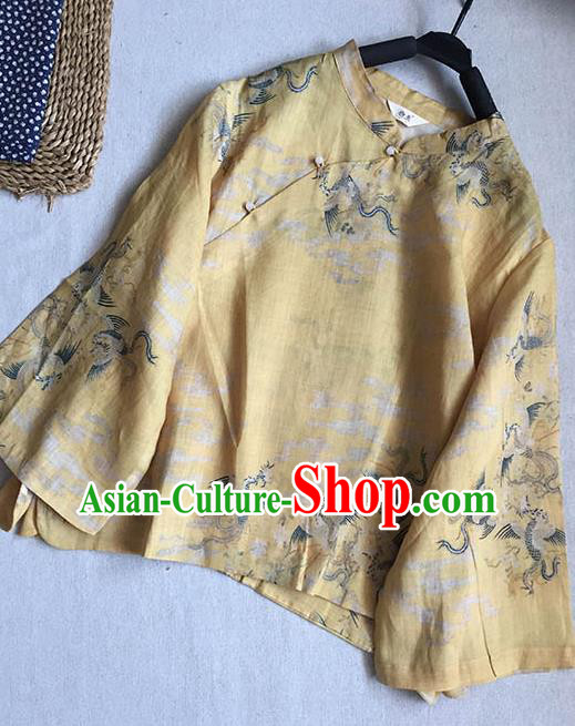 Chinese Traditional Tang Suit Printing Phoenix Yellow Ramie Blouse National Upper Outer Garment Costume for Women