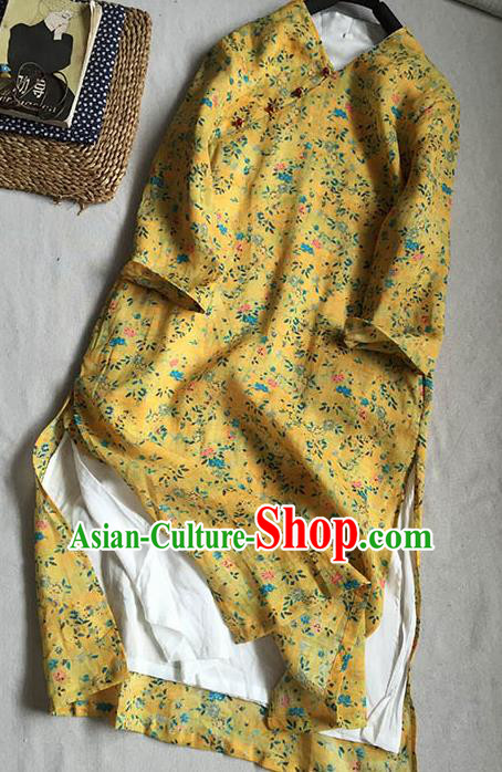 Chinese Traditional Tang Suit Printing Flowers Yellow Ramie Cheongsam National Costume Qipao Dress for Women