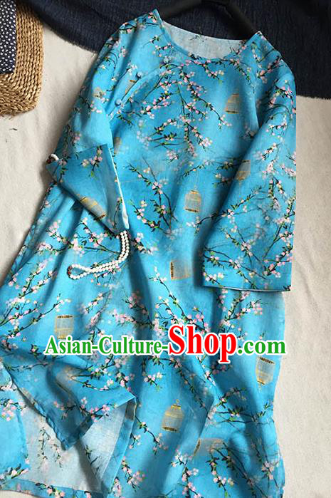 Chinese Traditional Tang Suit Printing Blue Ramie Blouse National Upper Outer Garment Costume for Women