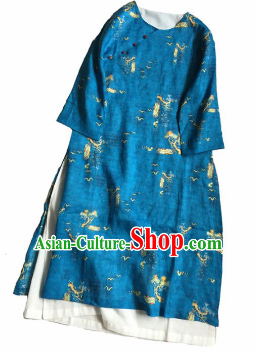 Chinese Traditional Tang Suit Printing Blue Ramie Cheongsam National Costume Qipao Dress for Women