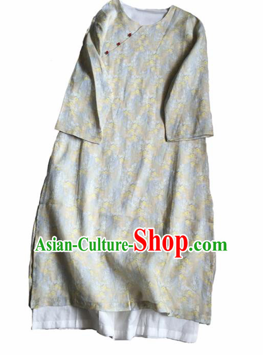 Chinese Traditional Tang Suit Printing Light Grey Ramie Cheongsam National Costume Qipao Dress for Women