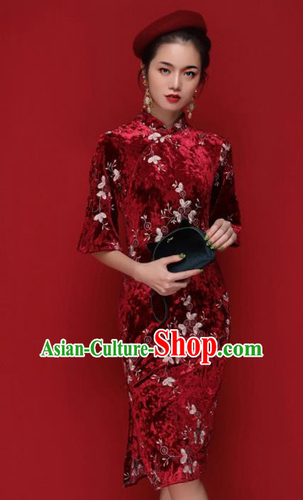 Chinese Traditional Tang Suit Red Pleuche Cheongsam National Costume Qipao Dress for Women