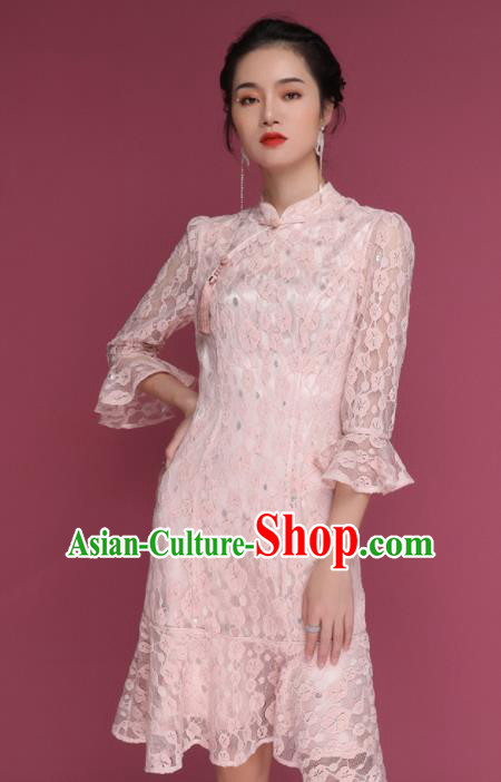 Chinese Traditional Tang Suit Pink Lace Cheongsam National Costume Qipao Dress for Women