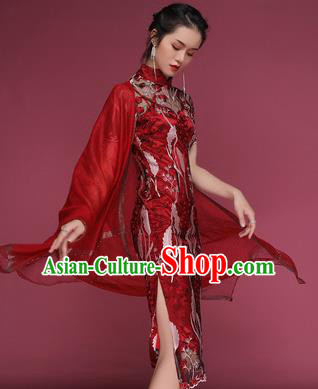 Chinese Traditional Tang Suit Red Cheongsam National Wedding Costume Qipao Dress for Women