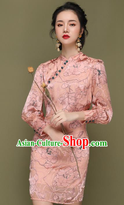 Chinese Traditional Tang Suit Pink Cheongsam National Costume Qipao Dress for Women