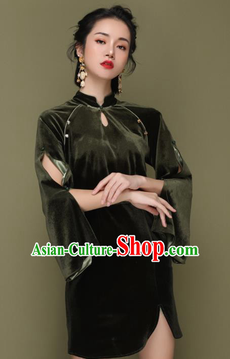 Chinese Traditional Tang Suit Atrovirens Pleuche Cheongsam National Costume Qipao Dress for Women