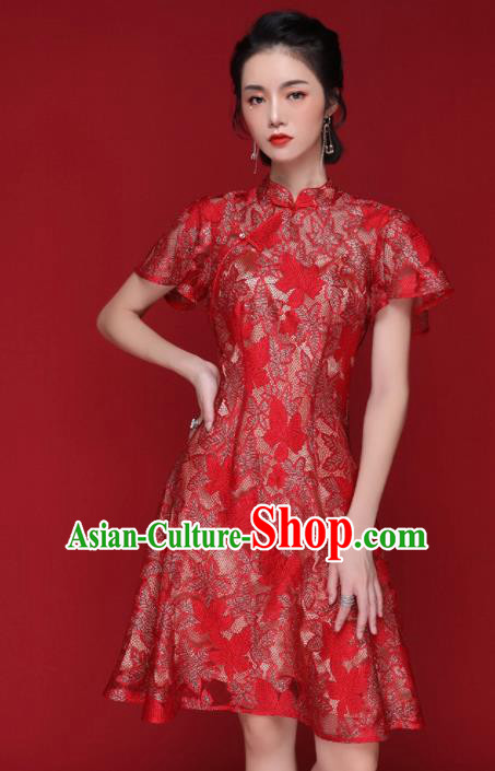 Chinese Traditional Tang Suit Red Lace Cheongsam National Costume Qipao Dress for Women