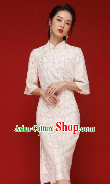 Chinese Traditional Tang Suit White Lace Cheongsam National Costume Qipao Dress for Women