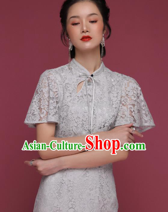 Chinese Traditional Tang Suit Grey Lace Cheongsam National Costume Qipao Dress for Women