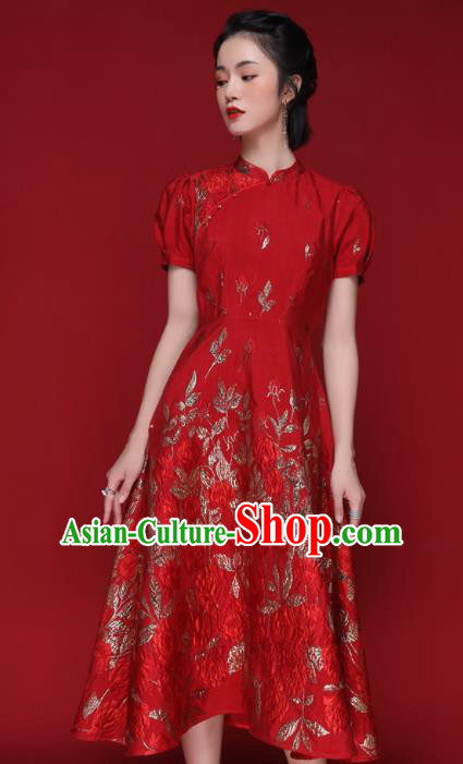 Chinese Traditional Tang Suit Red Silk Cheongsam National Costume Qipao Dress for Women