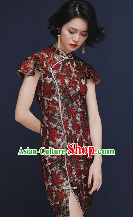 Chinese Traditional Tang Suit Red Maple Leaf Cheongsam National Costume Qipao Dress for Women