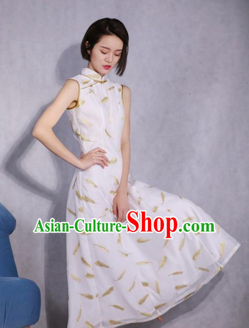 Chinese Traditional Tang Suit Retro Printing White Cheongsam National Costume Qipao Dress for Women