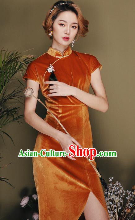 Chinese Traditional Tang Suit Orange Pleuche Cheongsam National Costume Qipao Dress for Women