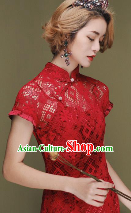 Chinese Traditional Tang Suit Retro Red Lace Cheongsam National Costume Qipao Dress for Women