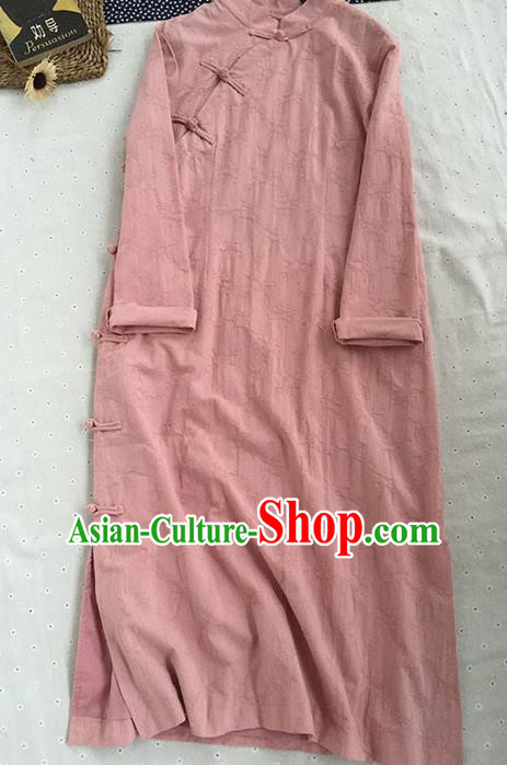 Chinese Traditional Tang Suit Pink Linen Cheongsam National Costume Qipao Dress for Women