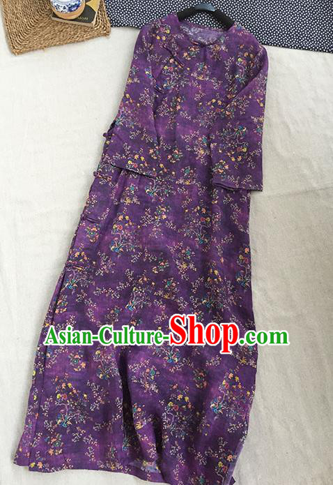 Chinese Traditional Tang Suit Printing Purple Linen Cheongsam National Costume Qipao Dress for Women