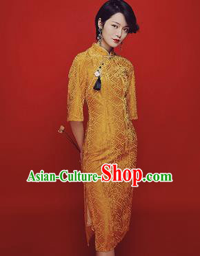 Chinese Traditional Tang Suit Retro Golden Pleuche Cheongsam National Costume Qipao Dress for Women