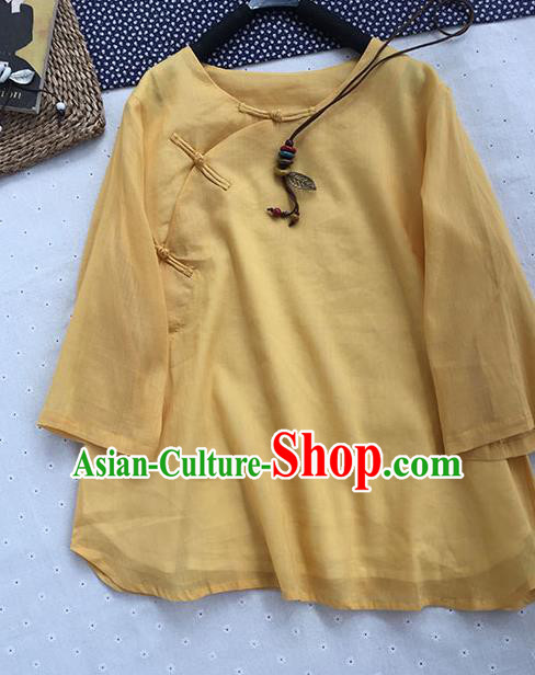 Chinese Traditional Tang Suit Yellow Ramie Blouse National Upper Outer Garment Costume for Women