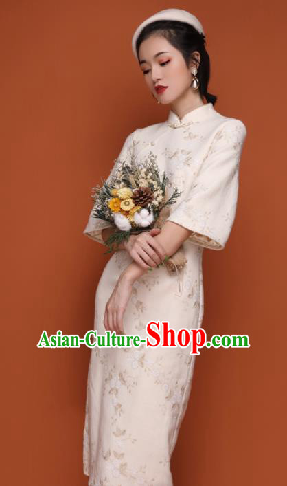 Chinese Traditional Tang Suit Retro White Wool Cheongsam National Costume Qipao Dress for Women