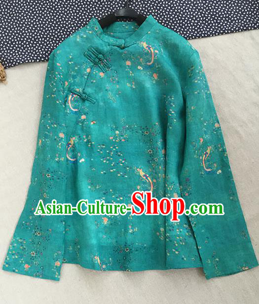 Chinese Traditional Tang Suit Green Ramie Blouse National Upper Outer Garment Costume for Women