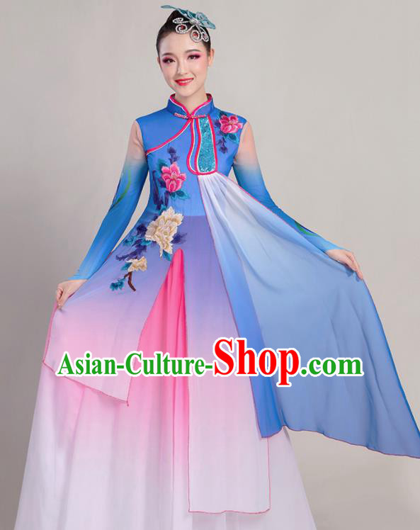 Chinese Traditional Umbrella Dance Stage Show Blue Dress Classical Dance Fan Dance Costume for Women