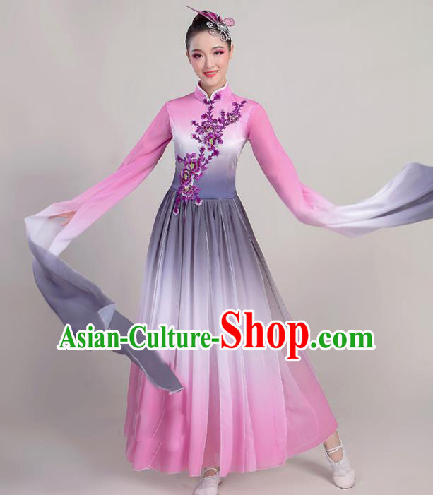 Chinese Traditional Umbrella Dance Pink Water Sleeve Dress Classical Dance Fan Dance Costume for Women