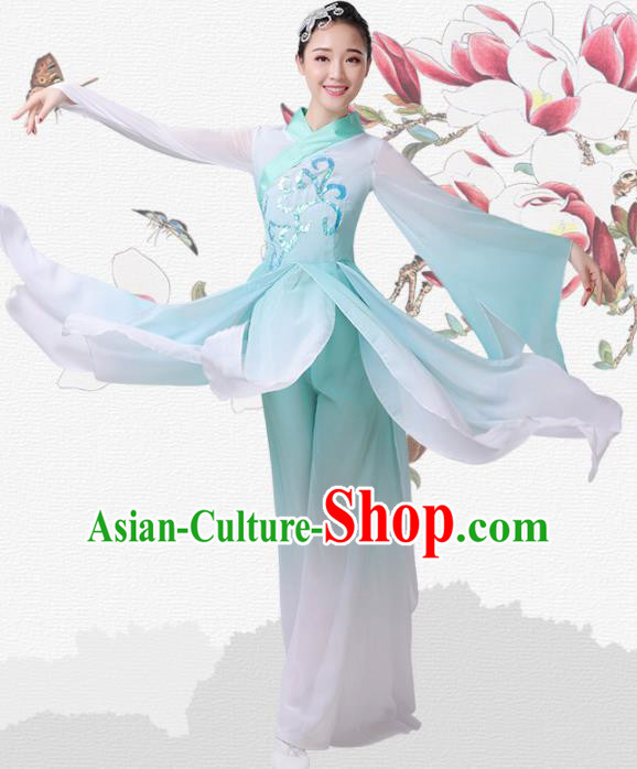 Chinese Traditional Umbrella Dance Light Green Dress Classical Dance Fan Dance Costume for Women