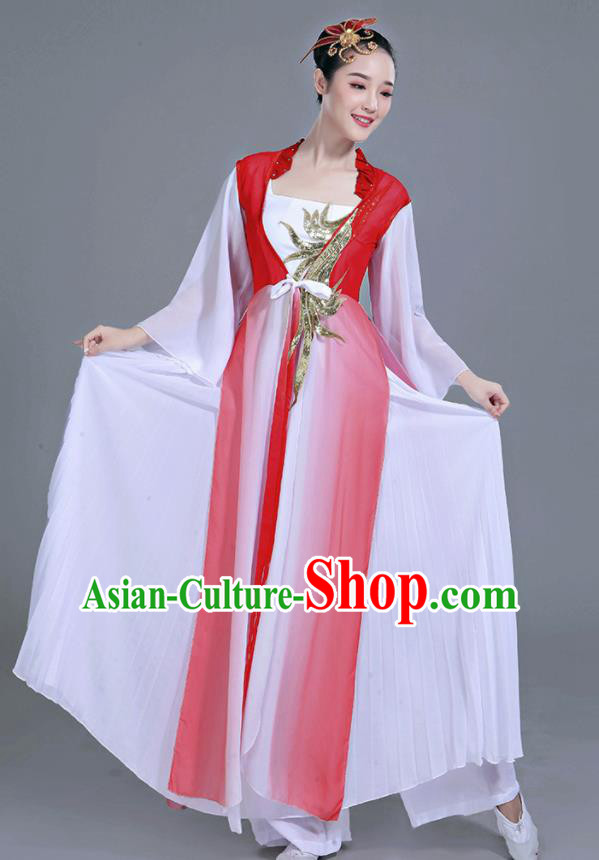 Chinese Traditional Umbrella Dance White Dress Classical Dance Round Fan Dance Costume for Women