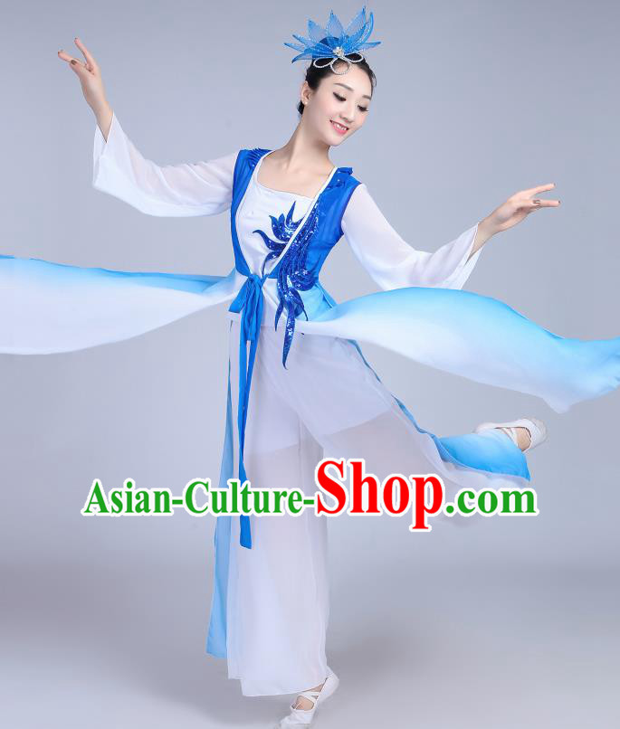 Chinese Traditional Umbrella Dance Blue Dress Classical Dance Round Fan Dance Costume for Women