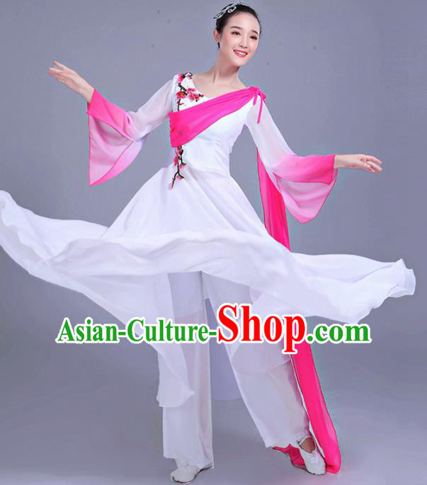 Chinese Traditional Umbrella Dance Stage Show White Dress Classical Dance Fan Dance Costume for Women