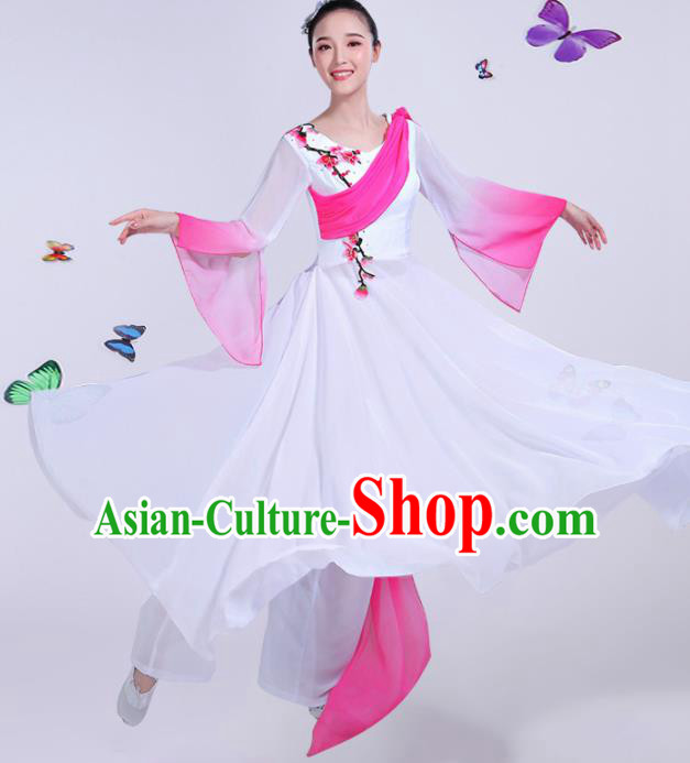 Chinese Traditional Umbrella Dance Stage Show White Dress Classical Dance Fan Dance Costume for Women
